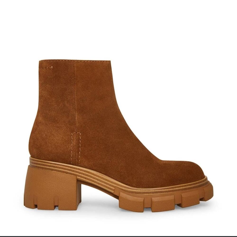 New Steve Madden Halt Tan Suede Block Heel Chunky Ankle Boots Women's size 8